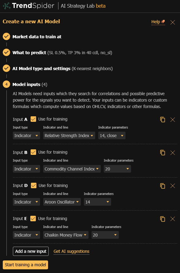 TrendSpider Screenshot: Setting Up an AI Trading Model.